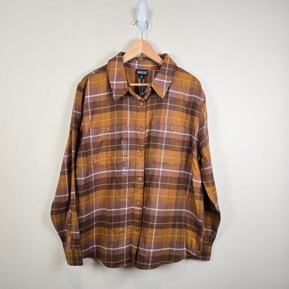 Patagonia Womens Size XL Fjord Flannel Shirt Happy Camper Shelter Brown 42406